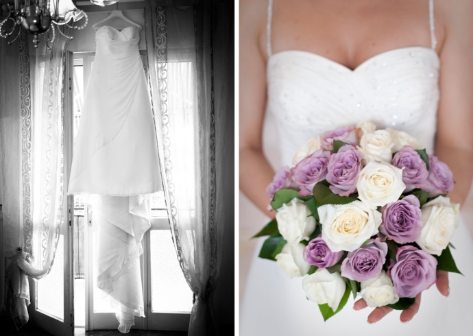 L’abito della sposa e bouquet di rose lilla